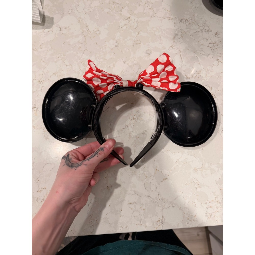 Vintage Disney Minnie Mouse Black Plastic Ears Headband Red Polka Dot Bow